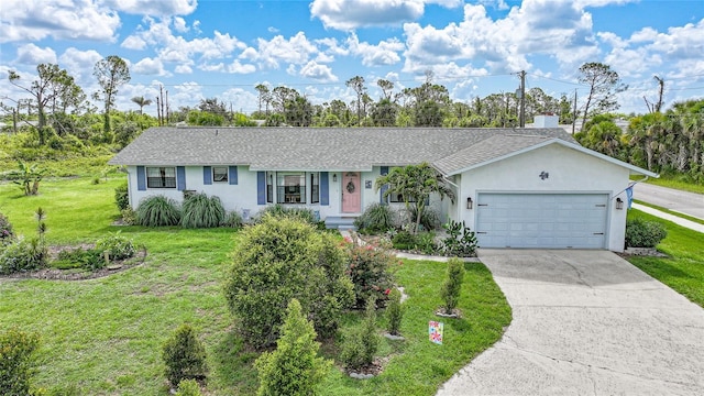 7690 Castleberry Ter, Englewood, FL 34224 - ranch-style house with an attached garage, a front yard, concrete driveway, stucco siding, and a shingled roof