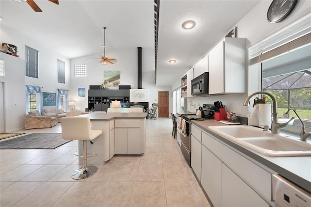 196 Lecturn St, Port Charlotte, FL 33954 - kitchen featuring electric range oven, a ceiling fan, black microwave, dishwashing machine, and high vaulted ceiling