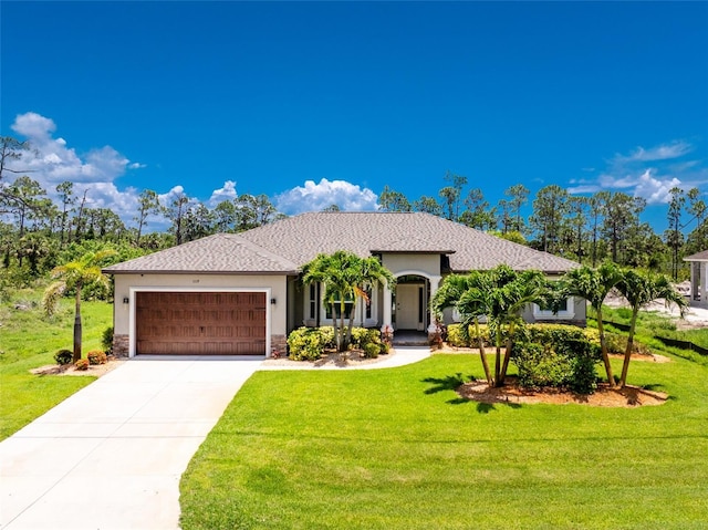 1119 Boundary Blvd, Rotonda West, FL 33947 - ranch-style home with stucco siding, an attached garage, a front lawn, and concrete driveway