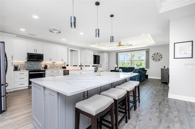 1119 Boundary Blvd, Rotonda West, FL 33947 - kitchen featuring stainless steel appliances, a raised ceiling, open floor plan, decorative backsplash, and light wood finished floors