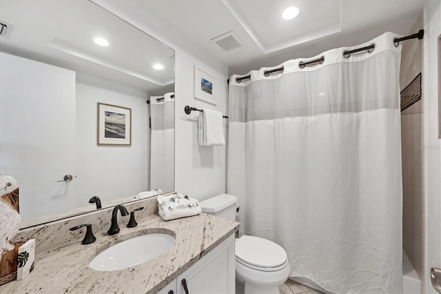 7554 Palm Island Dr S Unit 1813, Placida, FL 33946 - bathroom with a tray ceiling, vanity, recessed lighting, and shower / bathtub combination with curtain