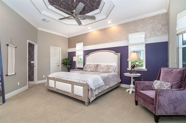 10487 Coquina Ct, Placida, FL 33946 - carpeted bedroom with multiple windows, crown molding, a ceiling fan, a raised ceiling, and recessed lighting