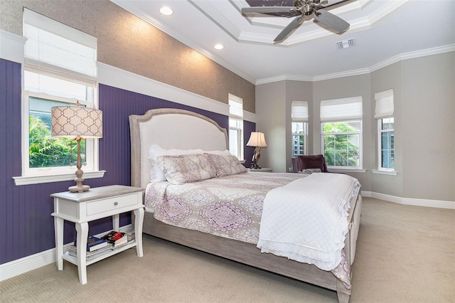 10487 Coquina Ct, Placida, FL 33946 - carpeted bedroom featuring recessed lighting, crown molding, a tray ceiling, and ceiling fan