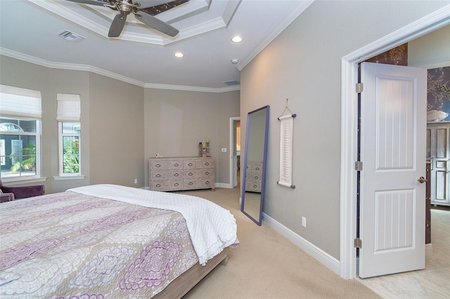 10487 Coquina Ct, Placida, FL 33946 - bedroom with crown molding, recessed lighting, light colored carpet, and a ceiling fan