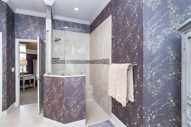 10487 Coquina Ct, Placida, FL 33946 - full bathroom with ornamental molding, a walk in shower, and wallpapered walls