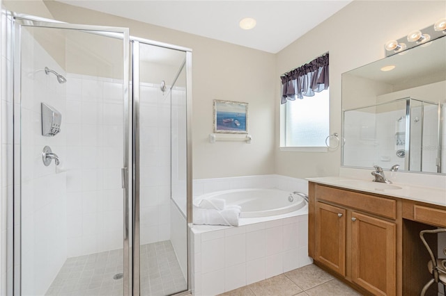 117 Abercrombie Ave, Englewood, FL 34223 - bathroom with a bath, vanity, a shower stall, and tile patterned flooring