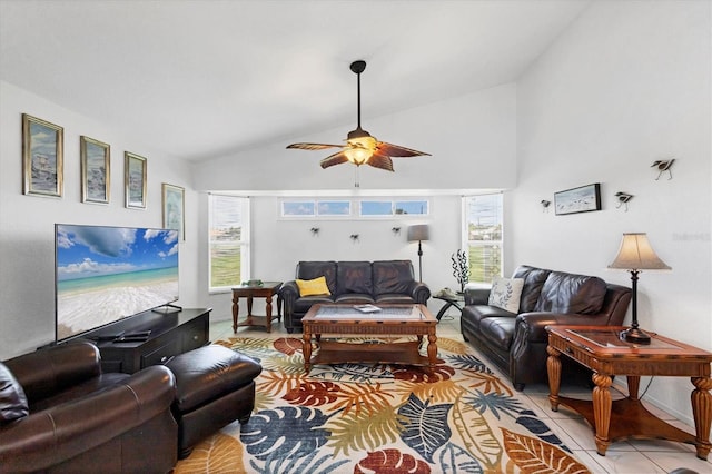727 Rotonda Cir, Rotonda West, FL 33947 - living room featuring lofted ceiling, plenty of natural light, ceiling fan, and light tile patterned floors
