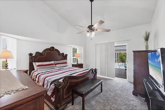 727 Rotonda Cir, Rotonda West, FL 33947 - carpeted bedroom with access to exterior, lofted ceiling, and a ceiling fan