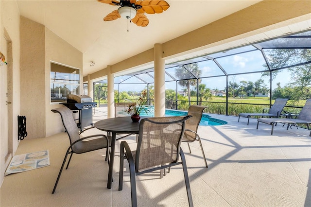 39 Pine Valley Ct, Rotonda West, FL 33947 - view of patio / terrace featuring a grill, an outdoor pool, ceiling fan, and a lanai