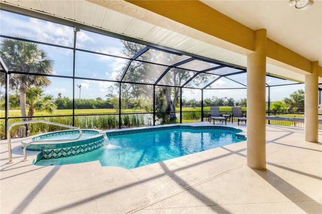 39 Pine Valley Ct, Rotonda West, FL 33947 - view of pool featuring a patio area, a pool with connected hot tub, and glass enclosure