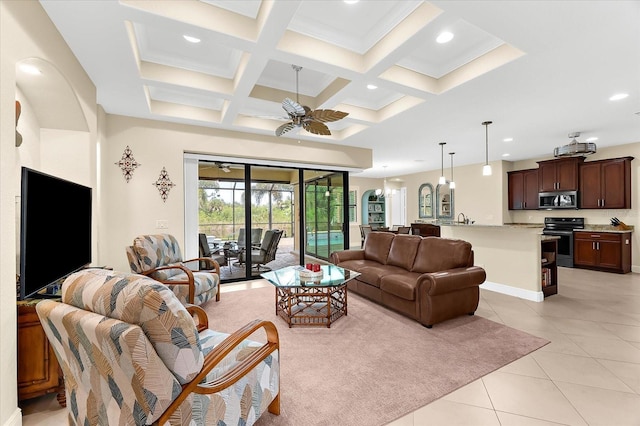 10029 Boylston St, Port Charlotte, FL 33981 - living area featuring a ceiling fan, light tile patterned floors, coffered ceiling, beamed ceiling, and recessed lighting