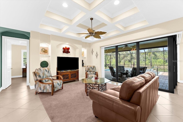 10029 Boylston St, Port Charlotte, FL 33981 - living area with light tile patterned floors, ceiling fan, coffered ceiling, beamed ceiling, and recessed lighting