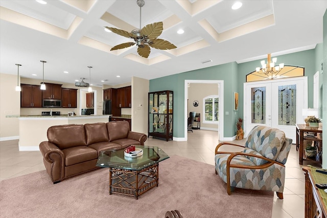 10029 Boylston St, Port Charlotte, FL 33981 - living area with light tile patterned floors, coffered ceiling, recessed lighting, a chandelier, and ceiling fan