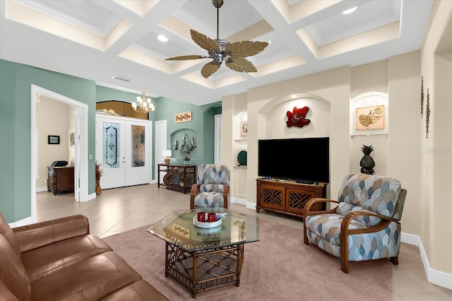 10029 Boylston St, Port Charlotte, FL 33981 - living room featuring coffered ceiling, light tile patterned floors, ceiling fan, beam ceiling, and a chandelier