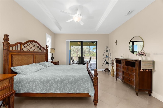 10029 Boylston St, Port Charlotte, FL 33981 - bedroom with access to outside, a raised ceiling, ceiling fan, and light tile patterned flooring
