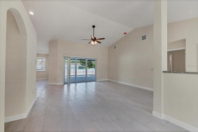 5781 Elton Rd, Venice, FL 34293 - unfurnished room with ceiling fan, arched walkways, high vaulted ceiling, and recessed lighting