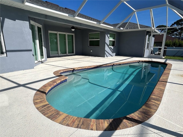 5781 Elton Rd, Venice, FL 34293 - outdoor pool with a patio, a ceiling fan, and glass enclosure
