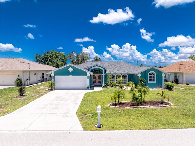 926 Boundary Blvd, Rotonda West, FL 33947 - ranch-style house featuring an attached garage, driveway, a front lawn, french doors, and stucco siding