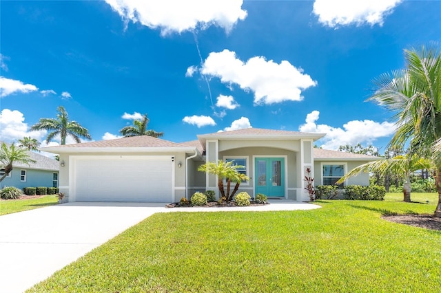 6 Medalist Ct, Rotonda West, FL 33947 - ranch-style house featuring an attached garage, driveway, stucco siding, a front yard, and french doors