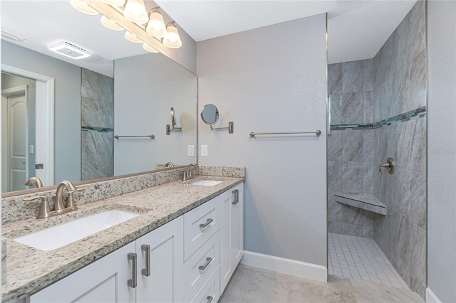 6 Medalist Ct, Rotonda West, FL 33947 - bathroom featuring double vanity, walk in shower, and marble look tile flooring