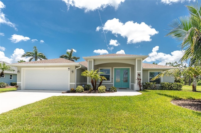 6 Medalist Ct, Rotonda West, FL 33947 - single story home featuring french doors, stucco siding, an attached garage, driveway, and a front yard