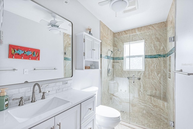 1030 Haste Ln, Englewood, FL 34223 - bathroom featuring a ceiling fan, a shower stall, vanity, and backsplash