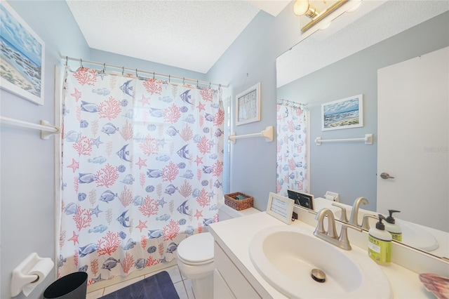 7453 Spinnaker Blvd, Englewood, FL 34224 - bathroom featuring vanity, a shower with shower curtain, a textured ceiling, and tile patterned floors