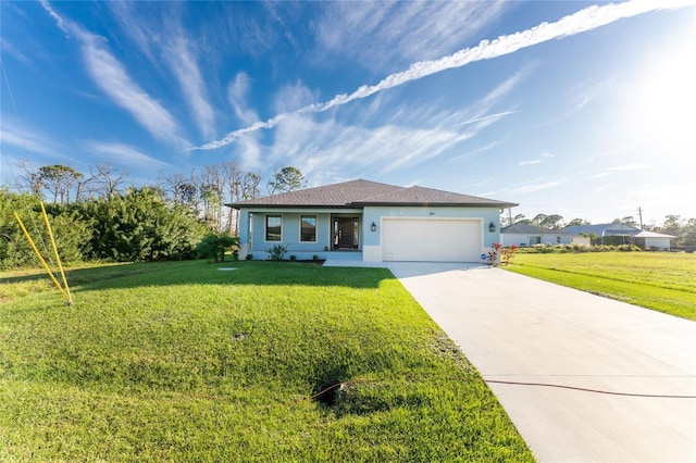 184 Spring Dr, Rotonda West, FL 33947 - ranch-style house featuring stucco siding, an attached garage, driveway, and a front lawn