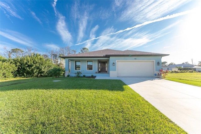 184 Spring Dr, Rotonda West, FL 33947 - ranch-style house featuring stucco siding, a garage, concrete driveway, and a front lawn