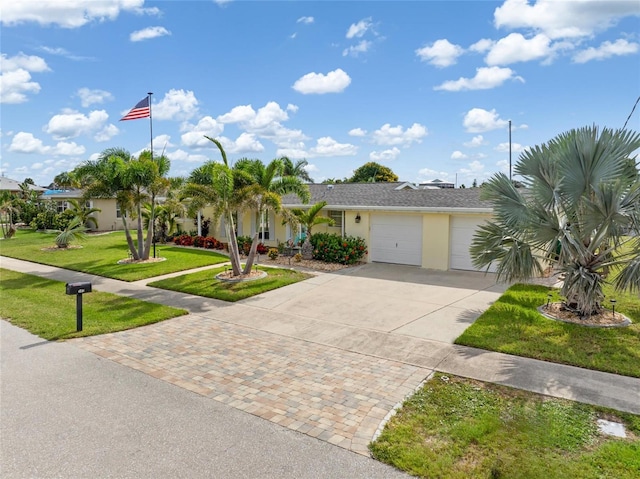 141 Baldwin Ct SE, Port Charlotte, FL 33952 - view of front of house with driveway, an attached garage, a front yard, and stucco siding
