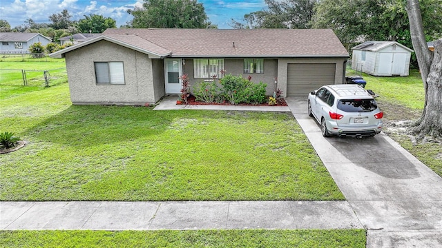 7580 Hanchey St, North Port, FL 34287 - ranch-style house featuring a garage, a storage shed, driveway, stucco siding, and a shingled roof
