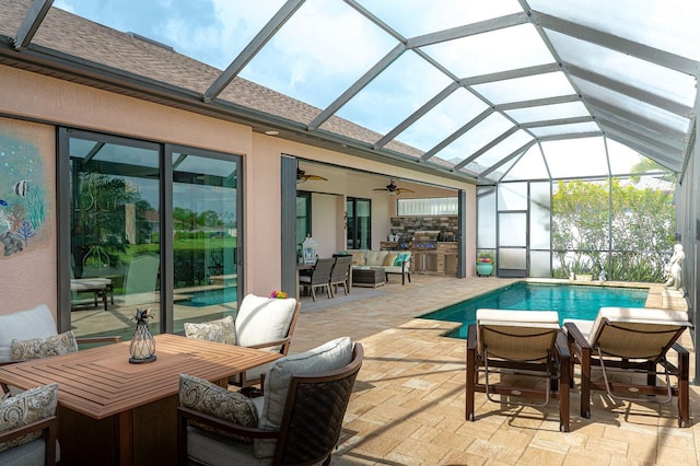 1131 Rotonda Cir, Rotonda West, FL 33947 - swimming pool featuring an outdoor hangout area, a patio, glass enclosure, ceiling fan, and outdoor dining space