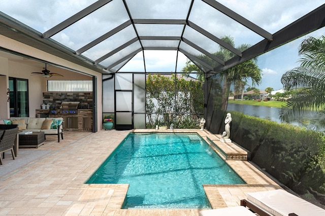 1131 Rotonda Cir, Rotonda West, FL 33947 - outdoor pool with an outdoor living space, a patio area, a water view, glass enclosure, and a ceiling fan