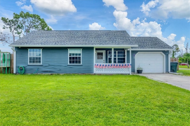 7590 Lyncrest St, North Port, FL 34287 - view of front facade featuring a garage, a front yard, concrete driveway, and covered porch