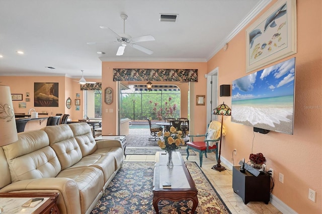 4 Pine Valley Pl, Rotonda West, FL 33947 - living room with ornamental molding, ceiling fan, light tile patterned floors, and recessed lighting