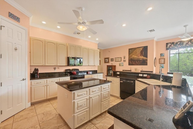 4 Pine Valley Pl, Rotonda West, FL 33947 - kitchen featuring black appliances, a spacious island, ceiling fan, crown molding, and cream cabinets
