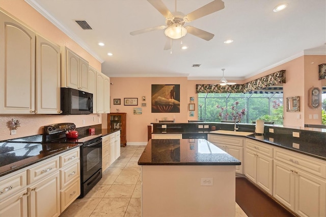 4 Pine Valley Pl, Rotonda West, FL 33947 - kitchen featuring black appliances, a kitchen island, cream cabinets, recessed lighting, and crown molding