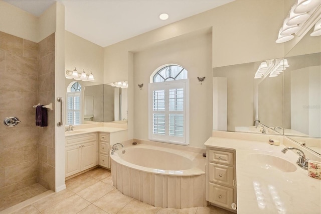 4 Pine Valley Pl, Rotonda West, FL 33947 - full bathroom with a garden tub, tile patterned flooring, two vanities, and walk in shower