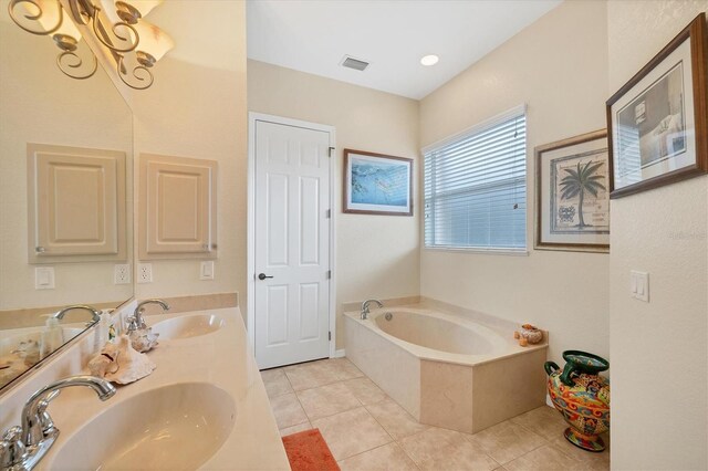 4 Pine Valley Pl, Rotonda West, FL 33947 - full bath featuring tile patterned floors, a bath, double vanity, and a chandelier