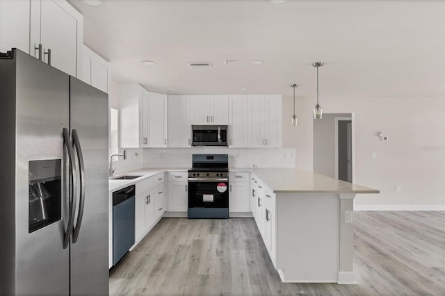 236 Boundary Blvd, Rotonda West, FL 33947 - kitchen with appliances with stainless steel finishes, a peninsula, backsplash, light wood-style flooring, and white cabinetry
