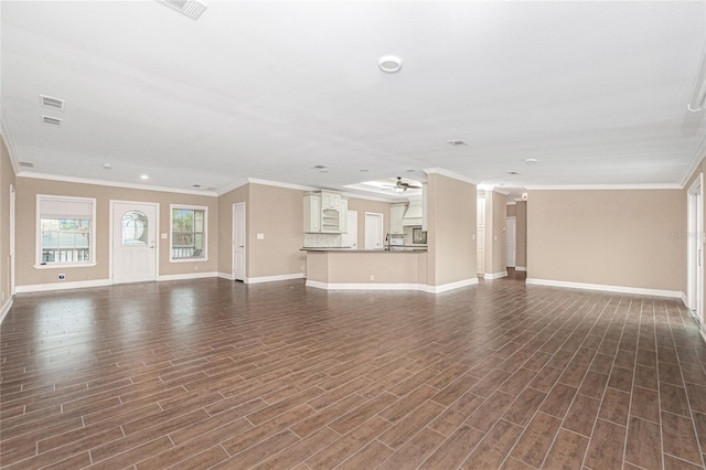 9150 Pine Cove Dr, Englewood, FL 34224 - unfurnished living room with ornamental molding, dark wood-type flooring, a ceiling fan, and recessed lighting