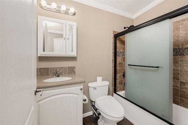 9150 Pine Cove Dr, Englewood, FL 34224 - full bathroom with ornamental molding, vanity, and shower / bath combination with glass door