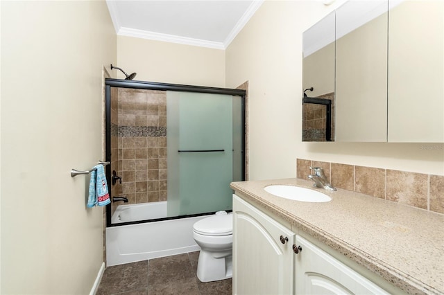 9150 Pine Cove Dr, Englewood, FL 34224 - bathroom with crown molding, vanity, bath / shower combo with glass door, and decorative backsplash