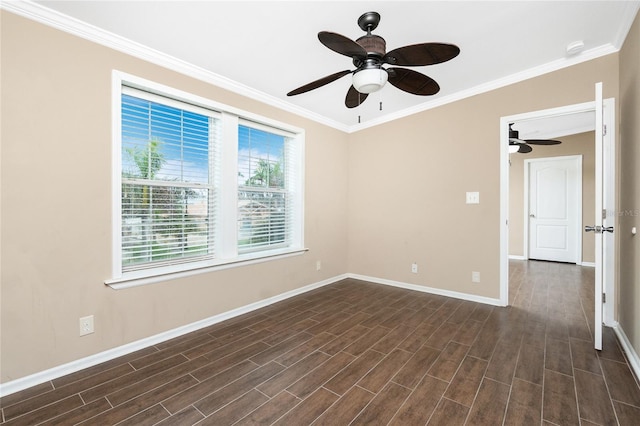 9150 Pine Cove Dr, Englewood, FL 34224 - unfurnished room with a ceiling fan, dark wood-style floors, crown molding, and a smoke detector
