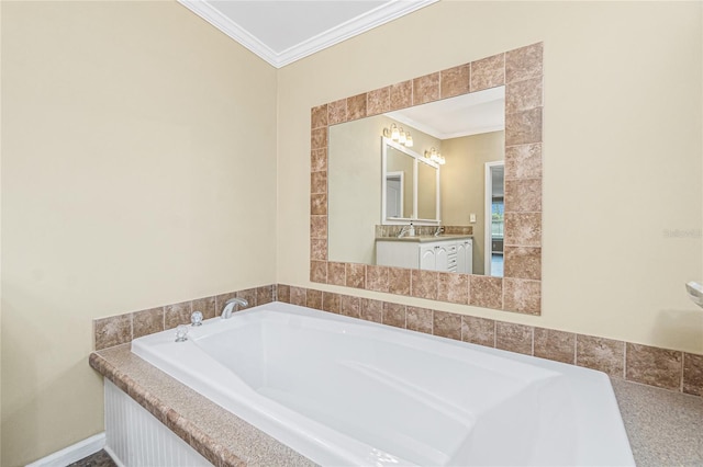 9150 Pine Cove Dr, Englewood, FL 34224 - bathroom with ornamental molding, a garden tub, a chandelier, and vanity