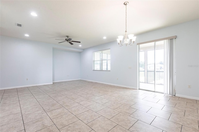 7318 61st St E, Palmetto, FL 34221 - unfurnished room featuring recessed lighting, a chandelier, light tile patterned floors, and ceiling fan