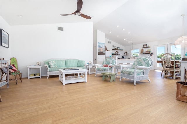 100 S Gulf Blvd, Placida, FL 33946 - living area with a ceiling fan, high vaulted ceiling, light wood-style floors, and recessed lighting