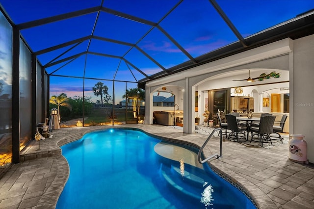 15044 San Domingo Blvd, Port Charlotte, FL 33981 - swimming pool featuring a patio area, a ceiling fan, outdoor dining space, glass enclosure, and area for grilling