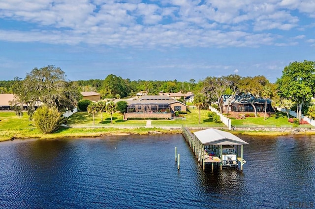 dock area featuring a yard and a water view