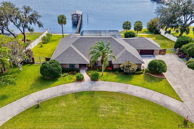 bird's eye view with a water view